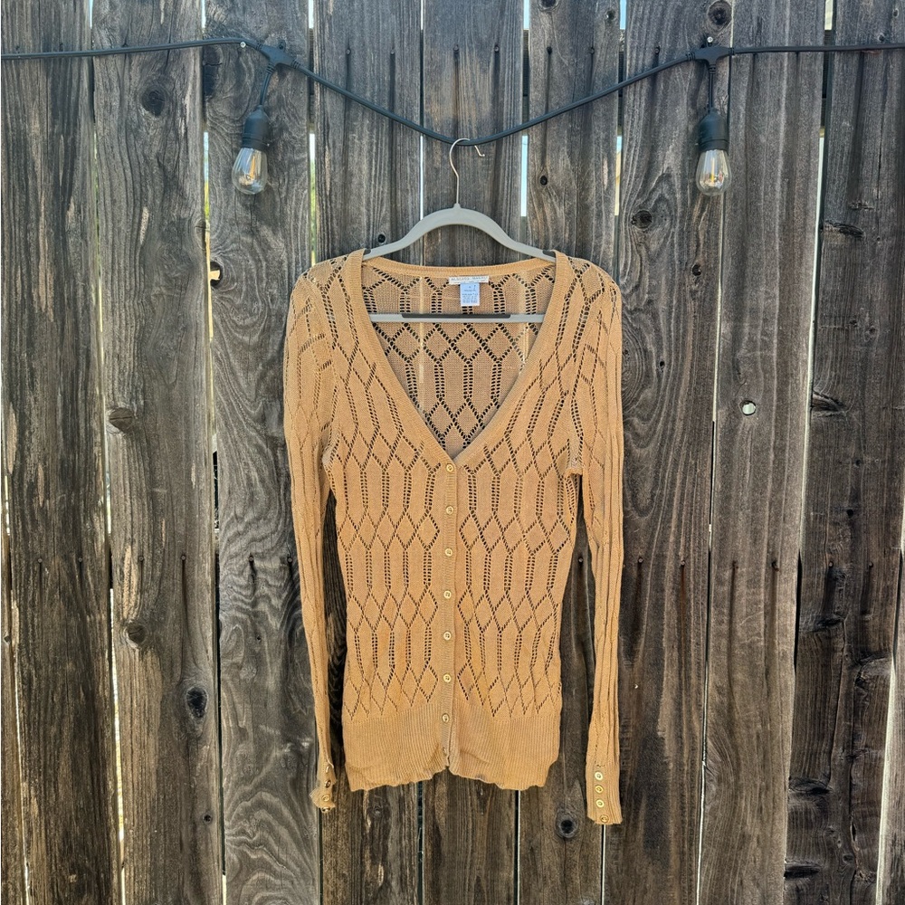 Alberto Makali Camel Colored Open Crochet Knit Button Down Cardigan viscose Med